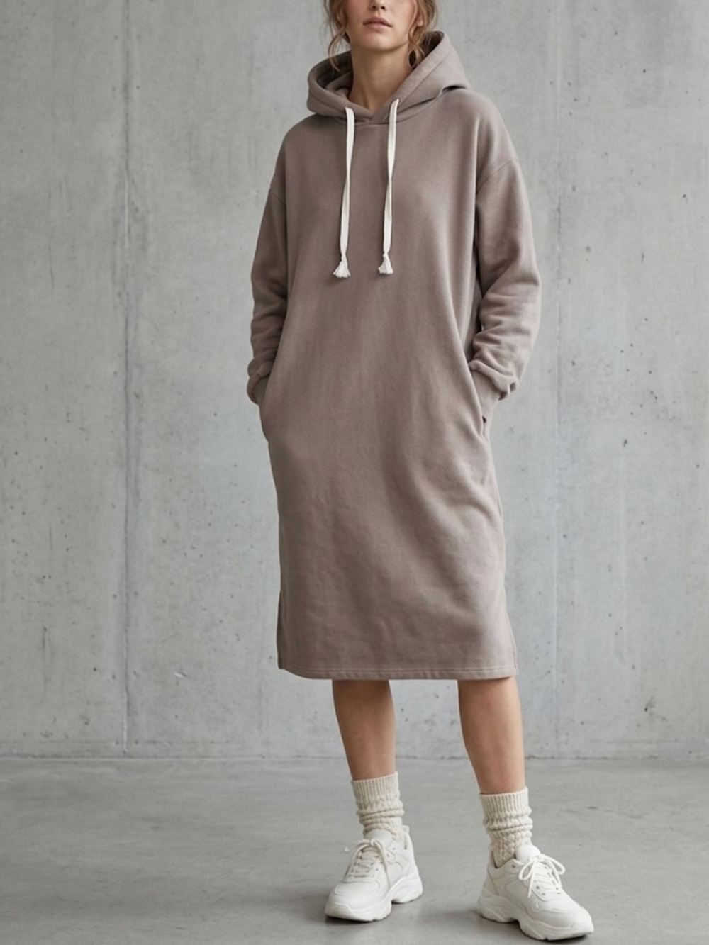 OAK + FORT Oversized Hoodie Midi Dress Taupe Grey Brown Size Small